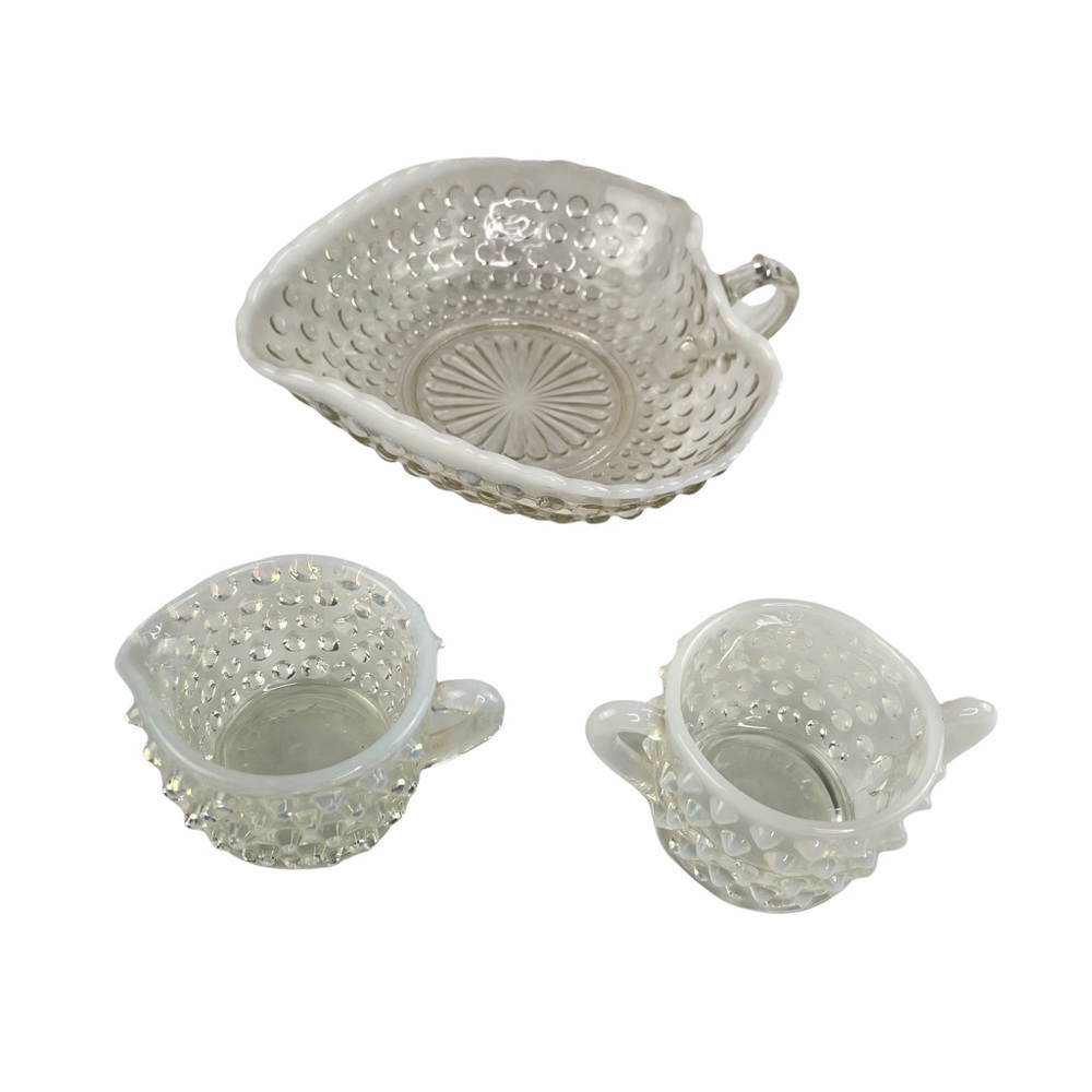 *2/$20* Hobnail Pearlescent Creamer Sugar Leaf Tray Set